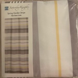 Shower curtain. Brand new in package. Yellow, gray and white stripes.